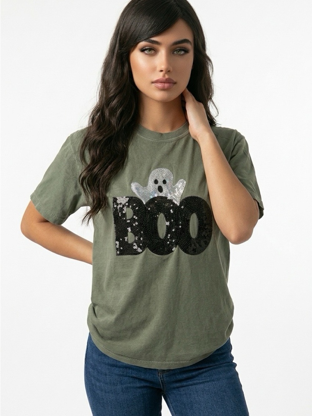 Comfort Colors Olive Halloween BOO Sequin Tee